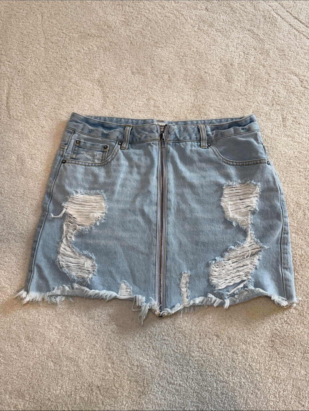 Forever 21 Light Blue Distressed Denim Mini Skirt with Front Zip